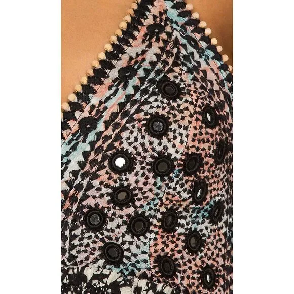 Free People Good Vibes Printed Embellished Mirror Halter Midi Dress XS NWT